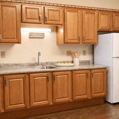 Kitchen counter with wooden cabinets above and below, a stainless steel sink with a faucet, a white bowl with lemons, a utensil holder with wooden spoons, a white refrigerator on the right, and a 