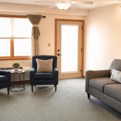 A cozy living room with a door, a window with curtains, a gray sofa with a pillow, a blue armchair with a pillow, a side table with a plant, and a ceiling fan.